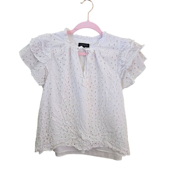1. State White Eyelet Flutter Sleeve Blouse Tie Neckline Size M - Picture 2 of 7